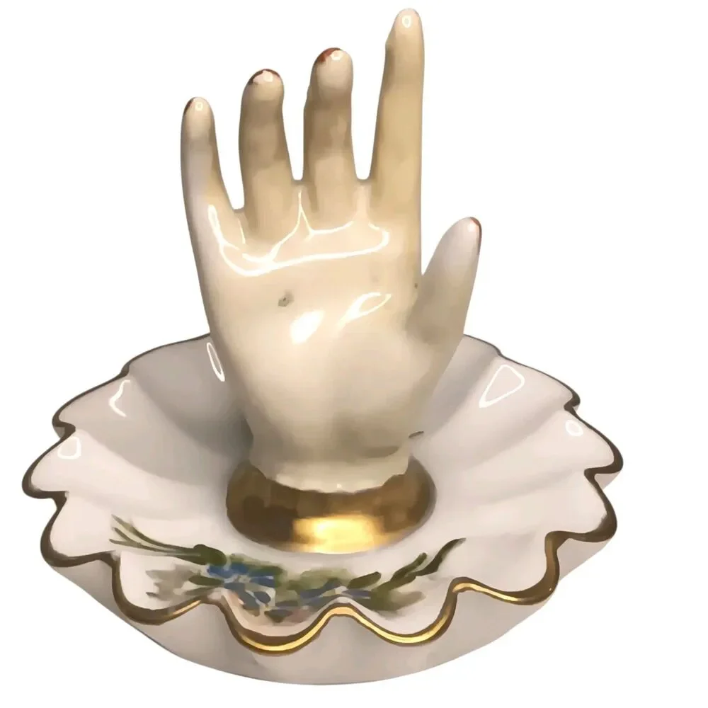Vintage 1967 Miniature Porcelain Hand Painted Ring Holder Dish Blue Flowers 3.5